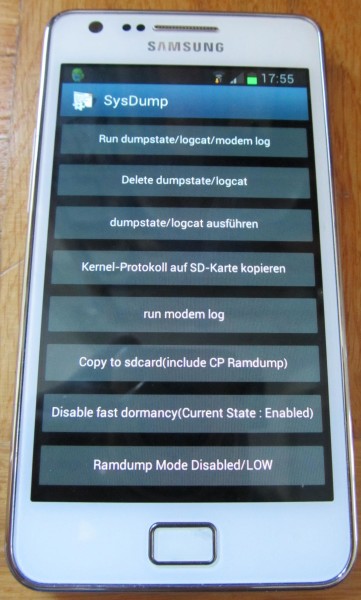 Android: Speicher freigeben: SysDump-Bildschirm