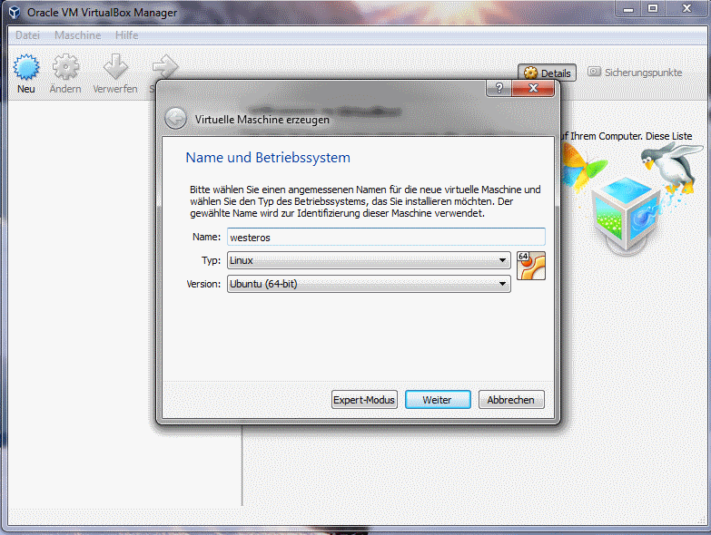 Wähle einen Namen für deine neue Umgebung und wähle, welches Betriebssystem du verwenden willst. Im Beispiel hier bitte Linux und Ubunto wählen (ggf. 32 statt 64Bit je nach Windows-System).