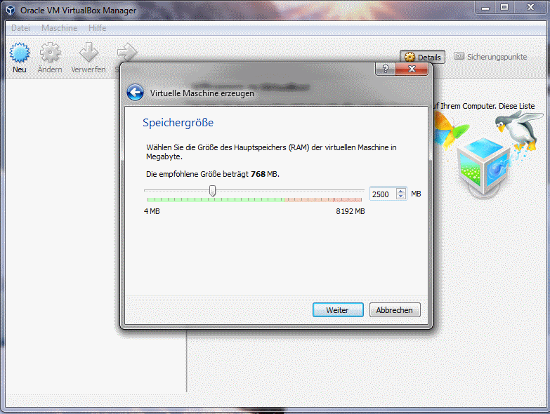 Deine neue Umgebung benötigt im Arbeitsspeicher Platz. Wähle, wieviel Du benötigst: Ggf. sollte für Windows etwas übrigbleiben...