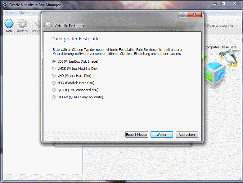 Wähle VDI als Festplatten-Dateityp