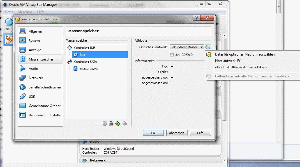 In den Einstellungen der virtuellen Maschine über die Option Massenspeicher das ubuntu-iso-Image zuweisen. Dann findet die virtuelle Maschine das zu installierende Ubuntu-Linux.