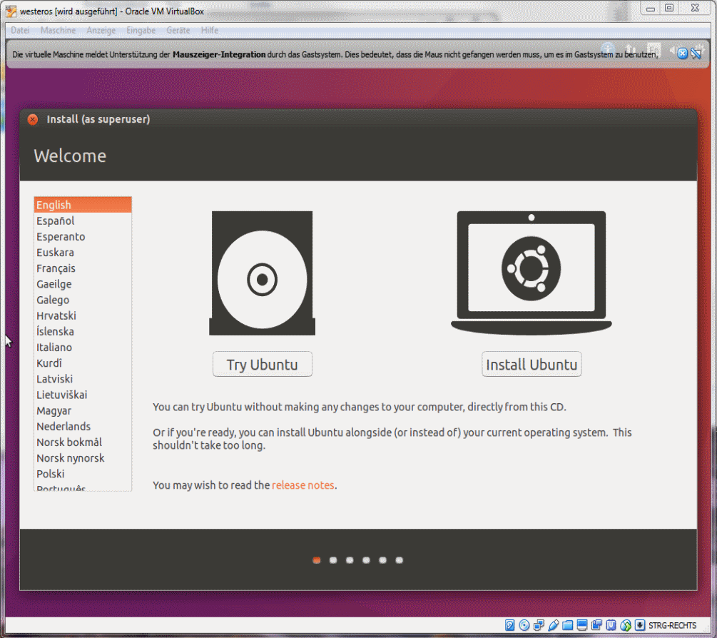 Start der virtuellen Maschine (dauert ggf. etwas, evtl. muss man Crtl-C drücken, wenn es nicht weitergeht): Der Installationsbildschirm für Ubuntu erscheint. Ggf. Deutsch wählen.