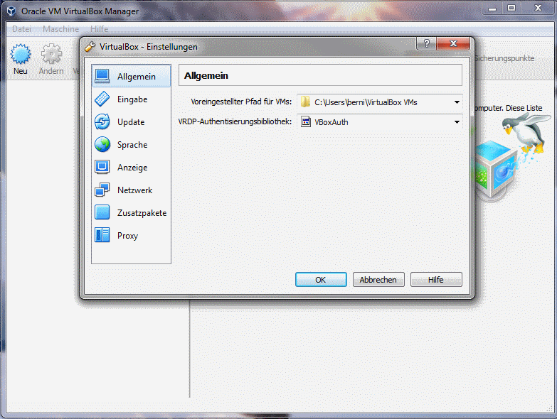 Die VirtualBox-Software muss noch etwas konfiguriert werden. Schritt 1 dabei ist, den Pfad festzulegen, in dem die Software größere Dateien (die VM-Images) ablegt. Ggf. auch hier die Festplatte wechseln (z. B. nicht auf die i.A. kleineren SSD-Bootfestplatten).